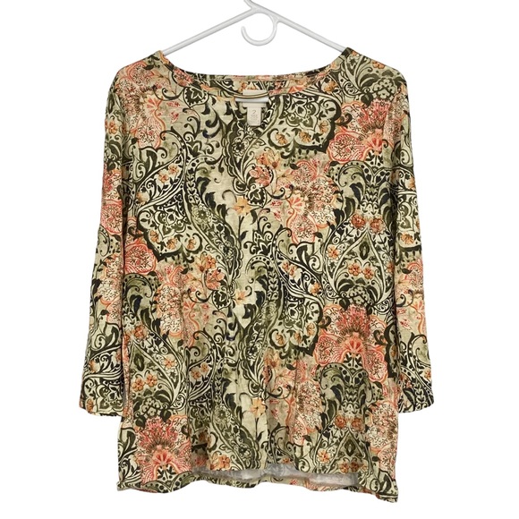 Chico’s Size 2 Regular Size 12 Long Sleeve Rayon Green/Orange Cream Top - Picture 1 of 11